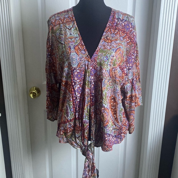 Just Polly New York V-Neck Top Tie Waist Wide Sleeve Multi Color sz XL NWT - Picture 1 of 7